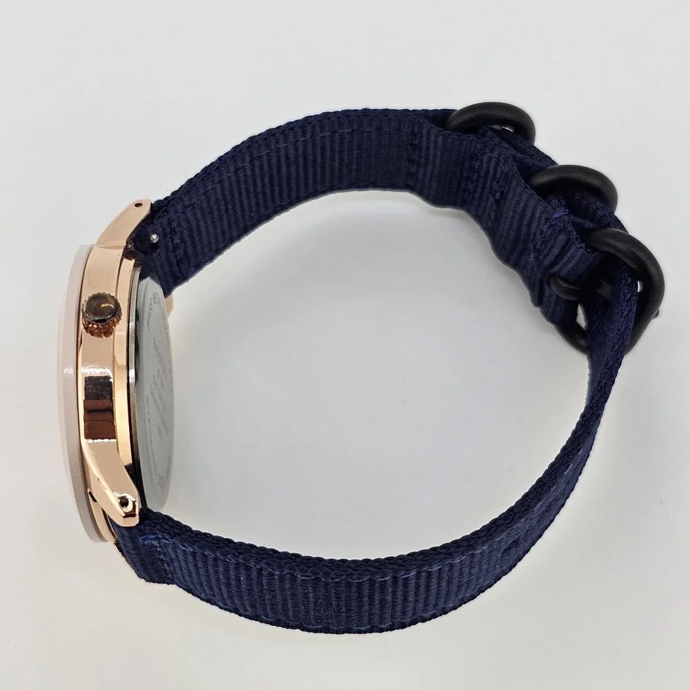 38MM Women's Analog Watch Gold Dial NEW Dark Blue Nylon Canvas Bands NEW Battery